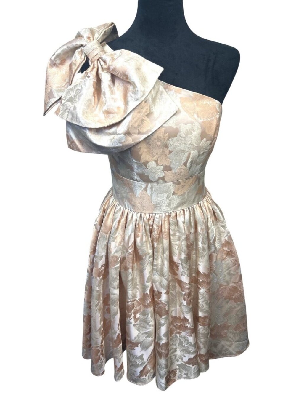NWT Mac Duggal Brocade Cocktail Sz 2 Peach Floral Jacquard Dress One Shoulder